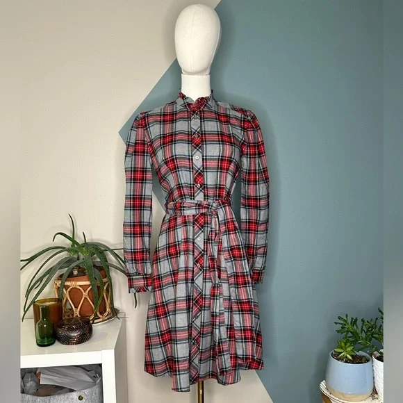 UNTUCKit Harrison Plaid Flannel Shirtdress Red Grey Tartan Belted Pockets Size S - Picture 2 of 12